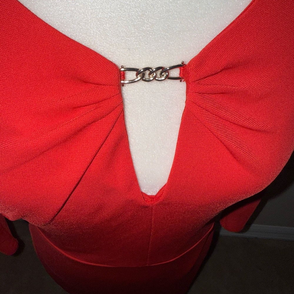 Liz Claiborne Red Long Sleeve Plunge Neck Cocktail Dress - Picture 5 of 7